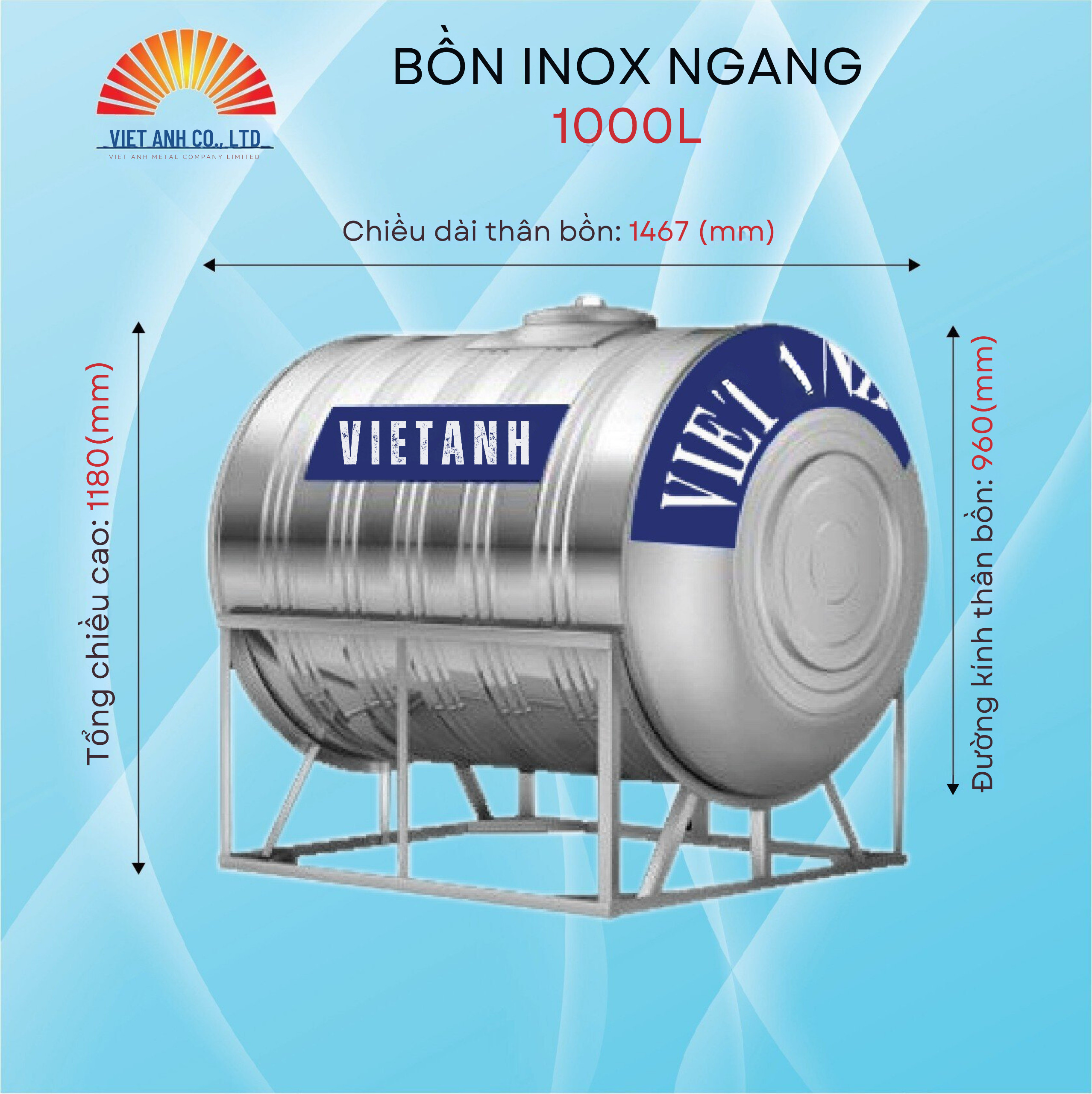 Bồn nước Inox Việt Anh 1000l ngang Φ960