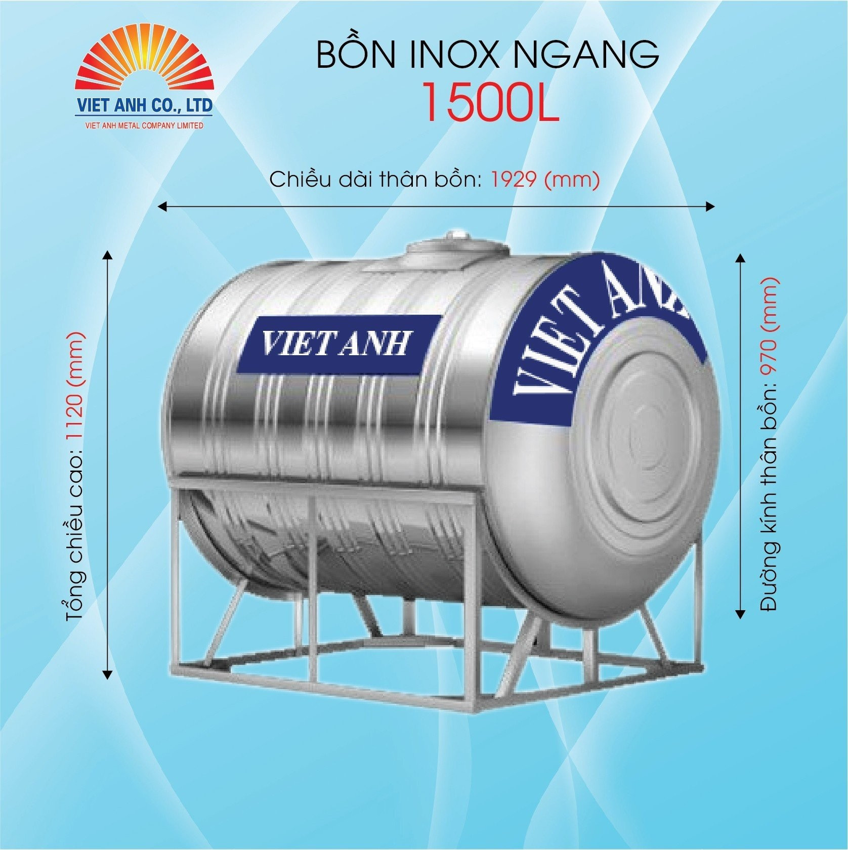 Bồn nước Inox Việt Anh 1500l ngang Φ970