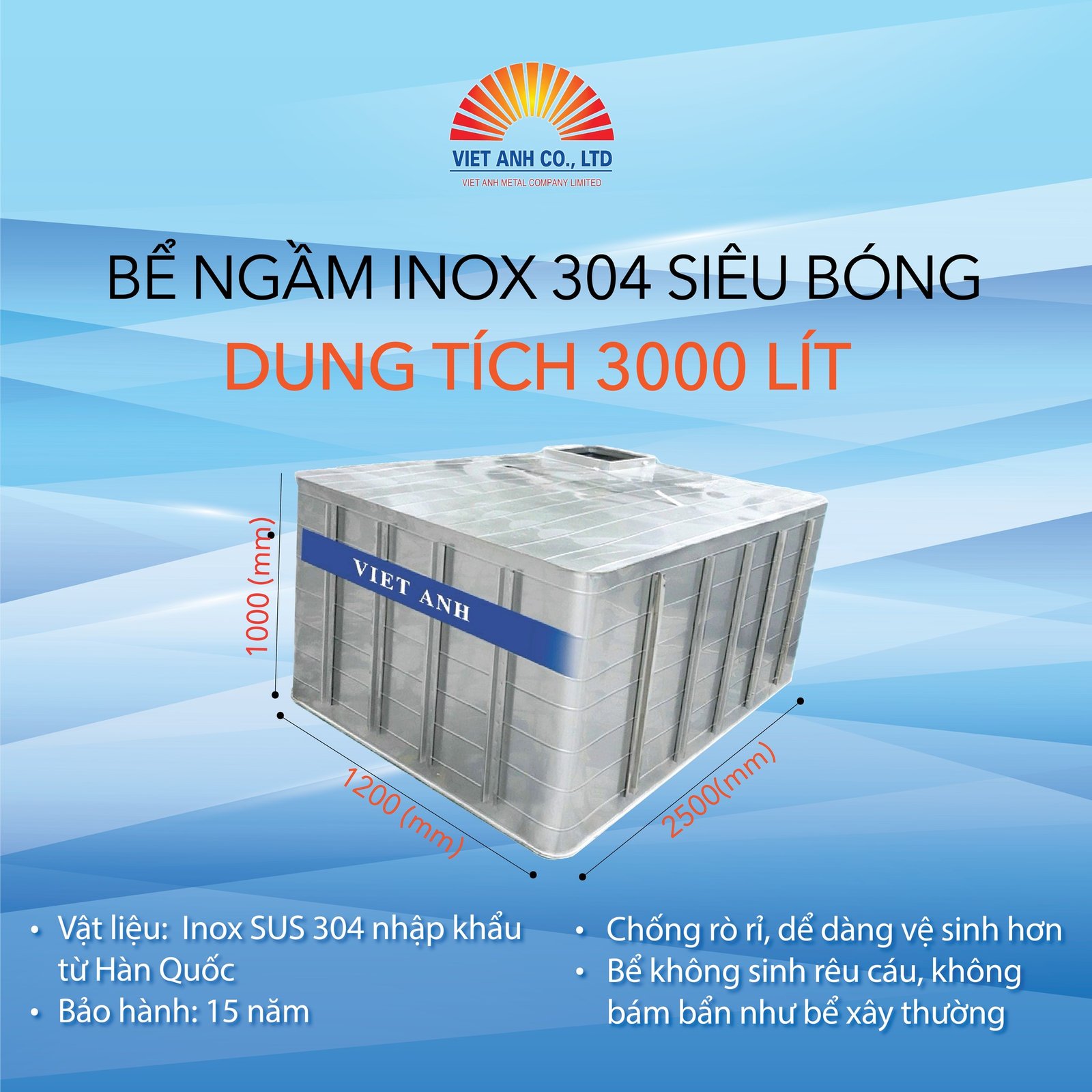 Bể ngầm inox 304 siêu bóng, dung tích 3000l cho quý khách cần