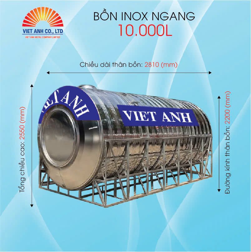 Bồn nước Inox ngang dung tích 10000l-Φ2200mm- Việt Anh